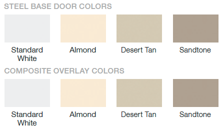 A composite overlay color chart for steel base door colors.