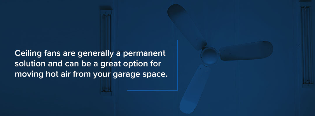 Ceiling fans are generally a permanent solution and can be a great option for moving hot air from your garage space